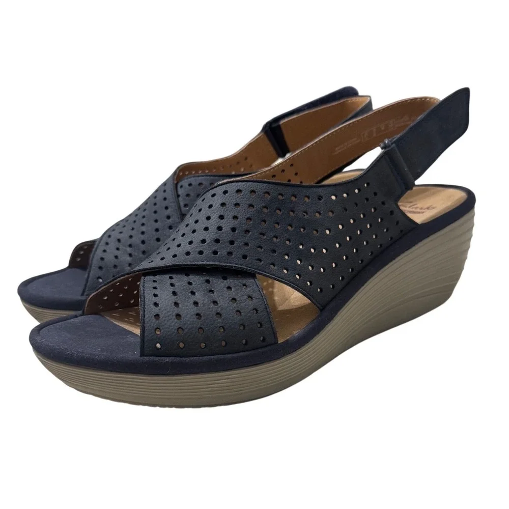Clarks Reedly Variel Navy Suede Wedge Sandals Womens 9 Ortholite Platform